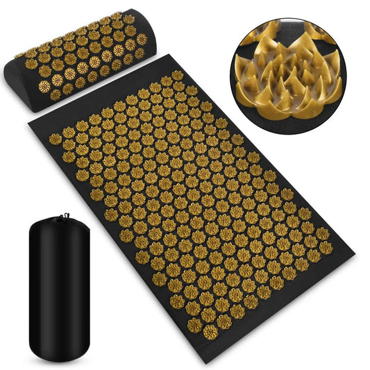 Theraloom premium acupressure mat set with black base and golden lotus-shaped spikes including pillow and carrying bag
