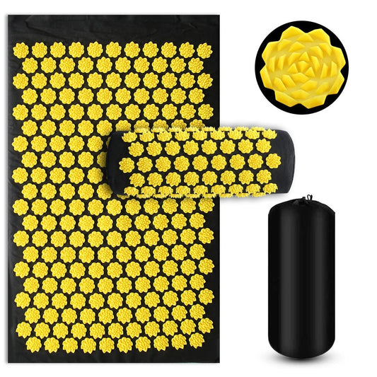 Theraloom relaxation essentials black acupressure mat and pillow set with yellow flower spikes and carrying bag